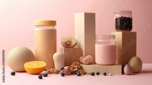  Diversos ingredientes naturales, como nueces y frutas, acompañados de frascos y envases en tonos suaves. Escena que evoca alimentación saludable y natural.