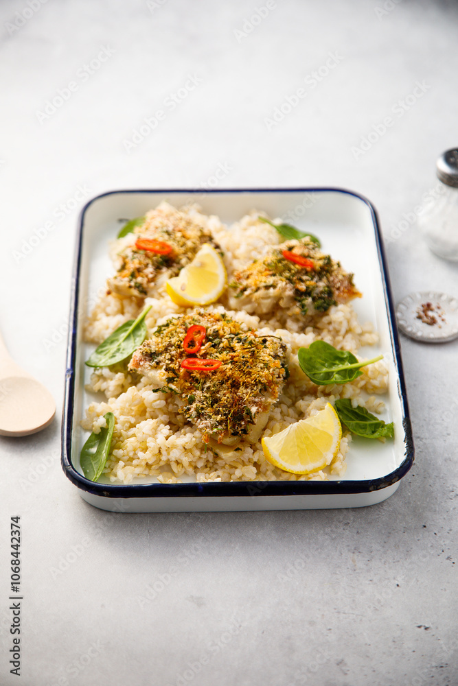 Baked white fish with herbs and bulgur Baked white fish with herbs and bulgur