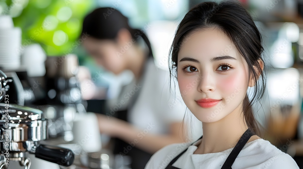 Barista in Cafe Uniform Concentrating as She Crafts Espresso With Customer Visible in Background Preparing to Pay for Order Via Mobile Device Barista in Cafe Uniform Concentrating as She Crafts Espresso With Customer Visible in Background Preparing to Pay for Order Via Mobile Device