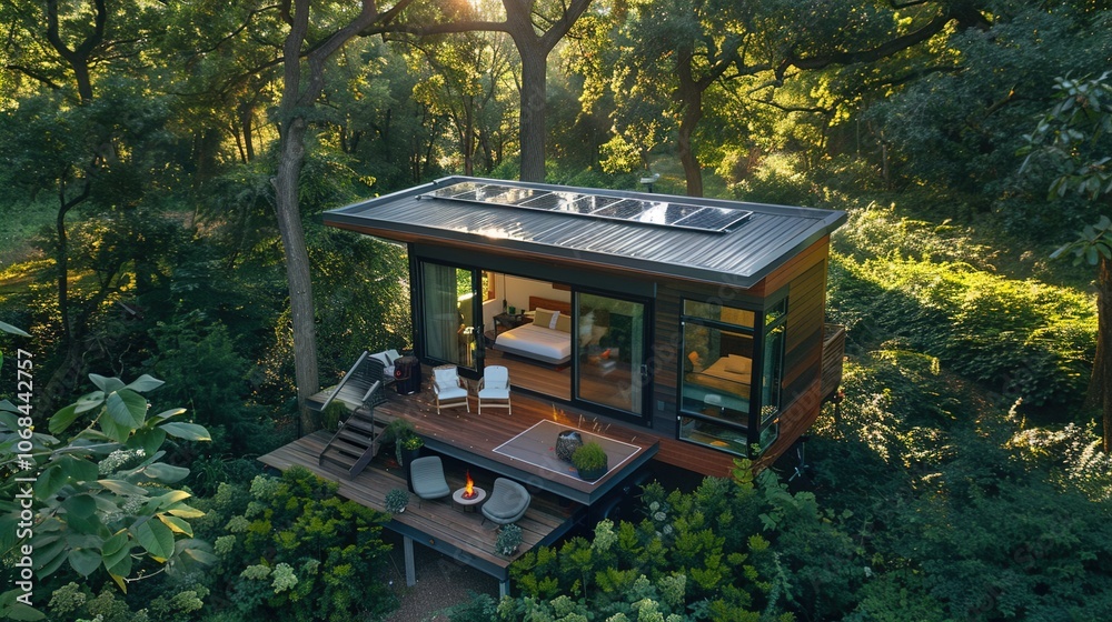 Naklejka premium An aerial view of a sleek tiny house set in a lush forest, emphasizing simplicity and sustainable living, with solar panels and an outdoor seating area.