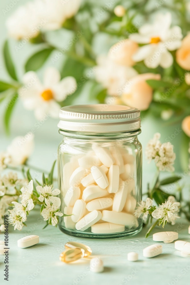 Natural supplements in glass jar surrounded by blossoming flowers on pastel background Natural supplements in glass jar surrounded by blossoming flowers on pastel background