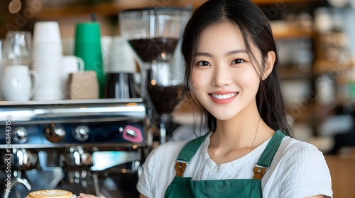 Smiling Asian Barista Preparing a Warm Drink for a Waiting Customer in a Cozy and Bright Coffee Shop with Natural Light Streaming Through the Large Windows photo