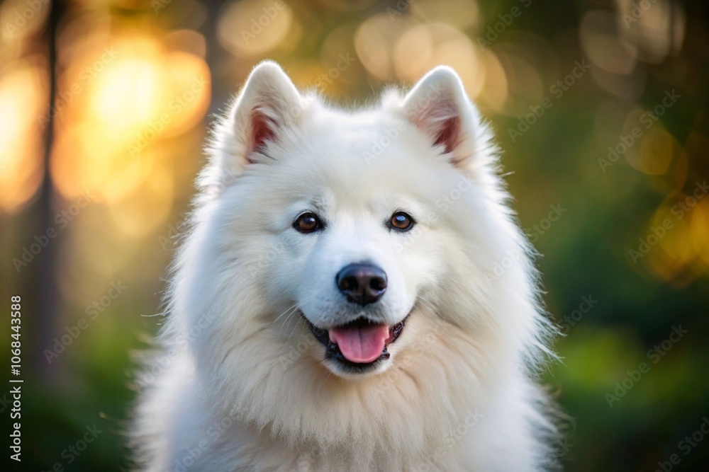 Adorable white Samoyed puppy wearing a red bow tie sits in front of a decorated Christmas tree with bokeh lights. The festive background and fluffy coat create a warm, joyful holiday atmosphere.