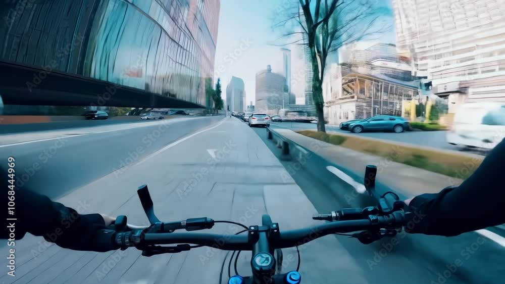 Cyclist ride city street pov. First point of view. Cityscape views from handlebars, thrill of urban biking. Skyscrapers, modern architecture background. Car passes by, adventure, freedom of cycling.