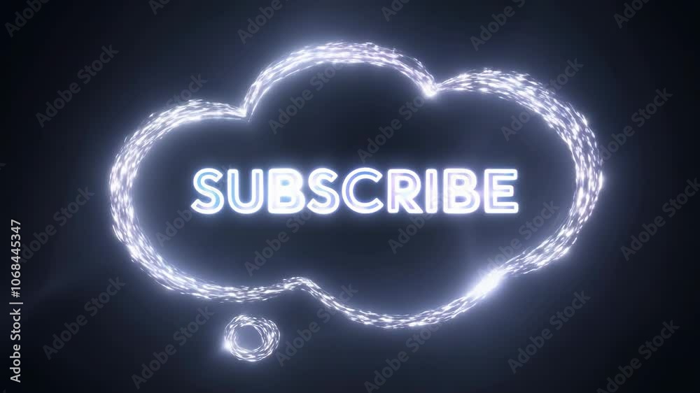 A glowing cloud with the word subscribe written in neon letters. The word is surrounded by a circle A glowing cloud with the word subscribe written in neon letters. The word is surrounded by a circle