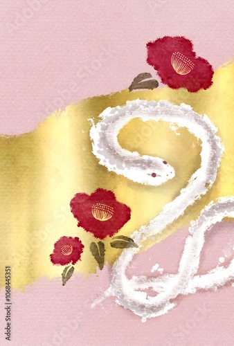 白蛇と椿の手描きイラストとピンク色とゴールドの女性的な美しい年賀状イラスト