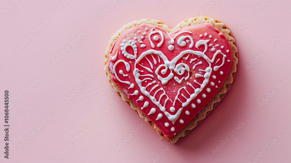 Heart-shaped cookie with icing decoration on pink background Heart-shaped cookie with icing decoration on pink background