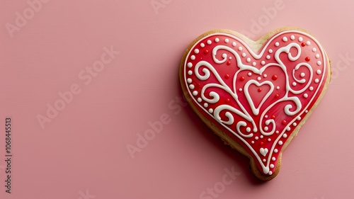 Heart-shaped cookie with icing decoration on pink background