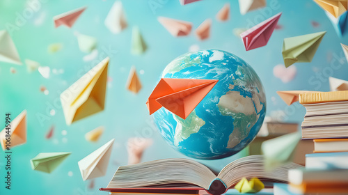 A globe surrounded by paper airplanes and books, representing global travel and education.