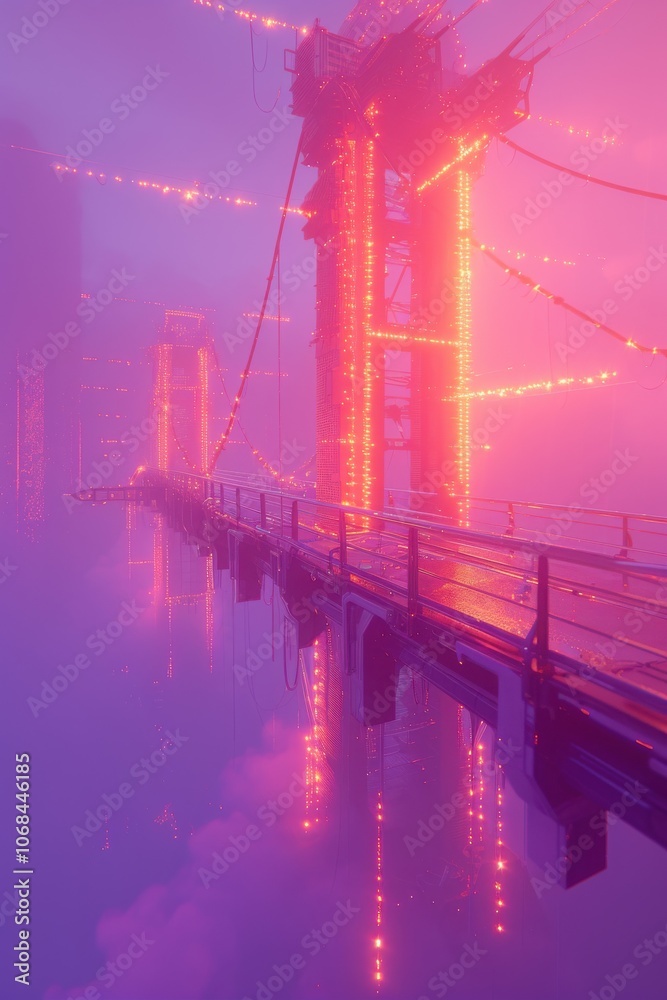 Fototapeta premium Bridge adorned with glowing lights against a misty backdrop, merging architectural grace with dreamy illumination, creating a serene and magical ambiance.