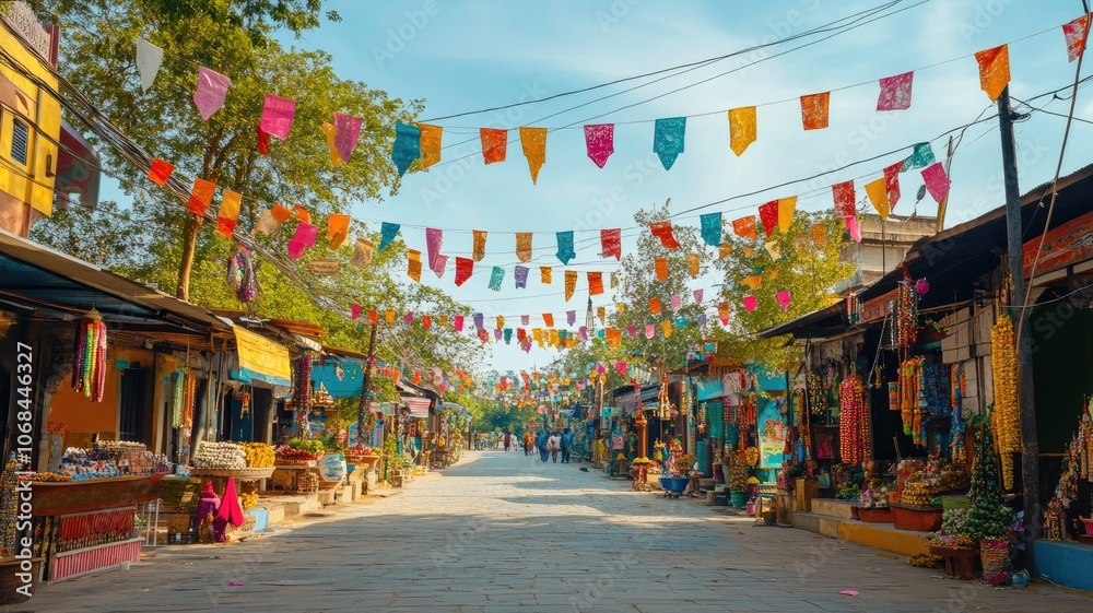 Naklejka premium Vibrant outdoor market with colorful flags, diverse stalls, and lively atmosphere