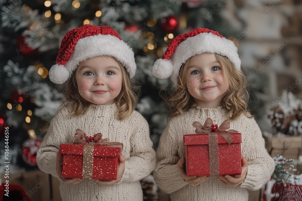 Two little twin girls wearing winter sweaters with Santa hat on head, holding present boxes in hands. Holiday beautiful time. Christmas banner, poster, wallpaper, background with children
Two little twin girls wearing winter sweaters with Santa hat on head, holding present boxes in hands. Holiday beautiful time. Christmas banner, poster, wallpaper, background with children
