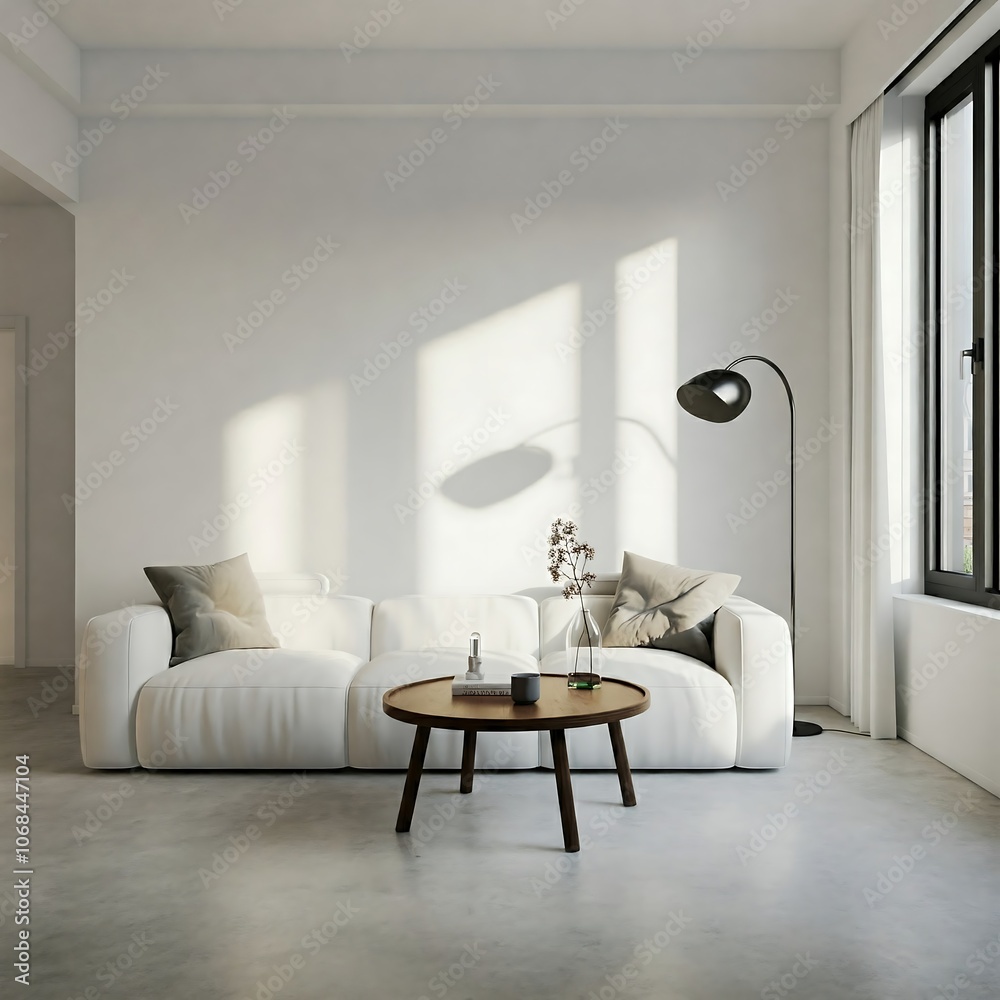 Obraz premium White sofa, two black coffee tables, floor lamp, neutral tones. Calm, serene atmosphere. No transparent background., interior, room, sofa, furniture, home, living, wall, design, couch, chair, floor, h