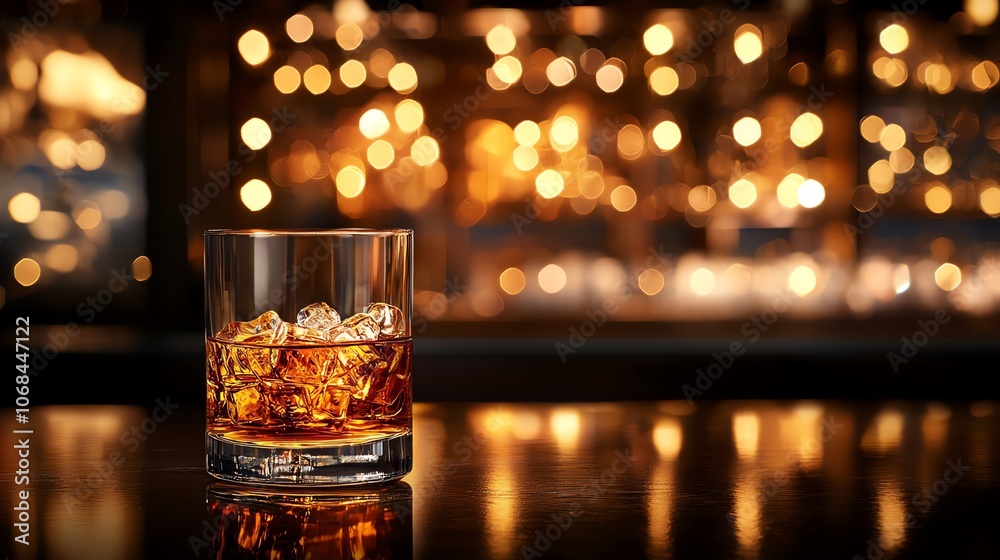 Amberhued Japanese whisky in classic tumbler on bar, dim lighting, blurred spirits in background, luxurious and refined concept Amberhued Japanese whisky in classic tumbler on bar, dim lighting, blurred spirits in background, luxurious and refined concept