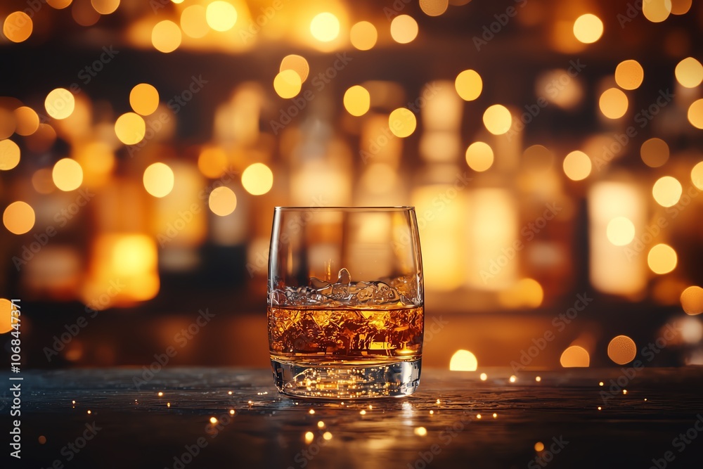 Ambertoned whisky in crystal glass, dark wood bar, blurred bottle background, soft lighting, elegant atmosphere, taste of craftsmanship Ambertoned whisky in crystal glass, dark wood bar, blurred bottle background, soft lighting, elegant atmosphere, taste of craftsmanship