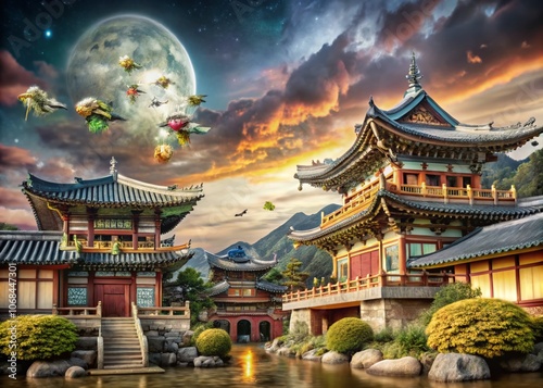 Surreal Dreamscape of Gyeongbuk: A Whimsical Fusion of Nature and Architecture in an Enchanted Landscape with Floating Elements and Vivid Colors photo