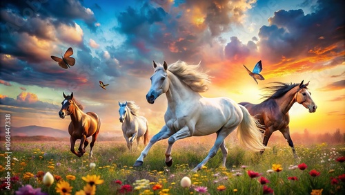 Surreal Dreamscape of Horses Galloping Through a Vibrant Meadow Under a Colorful Sky with Whimsical Flowers and Floating Clouds, Evoking a Sense of Freedom and Imagination