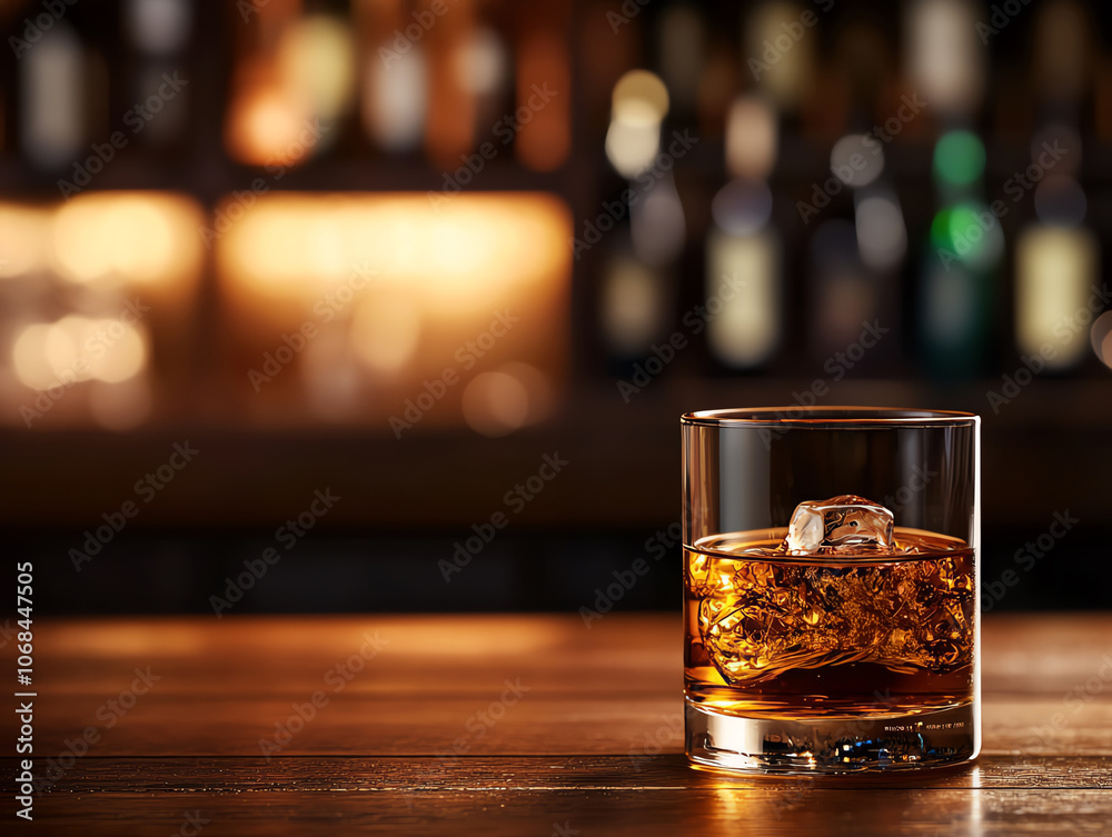 Classic glass of Japanese whisky, polished wooden bar, blurred bottles in background, warm glow, luxurious and refined experience Classic glass of Japanese whisky, polished wooden bar, blurred bottles in background, warm glow, luxurious and refined experience