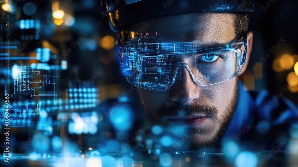 Caucasian male engineer using futuristic augmented reality glasses for advanced technology development