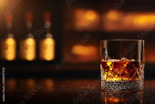 Classic glass of Japanese whisky on dark polished bar, rich amber light, blurred bottles behind, warm and inviting highend scene