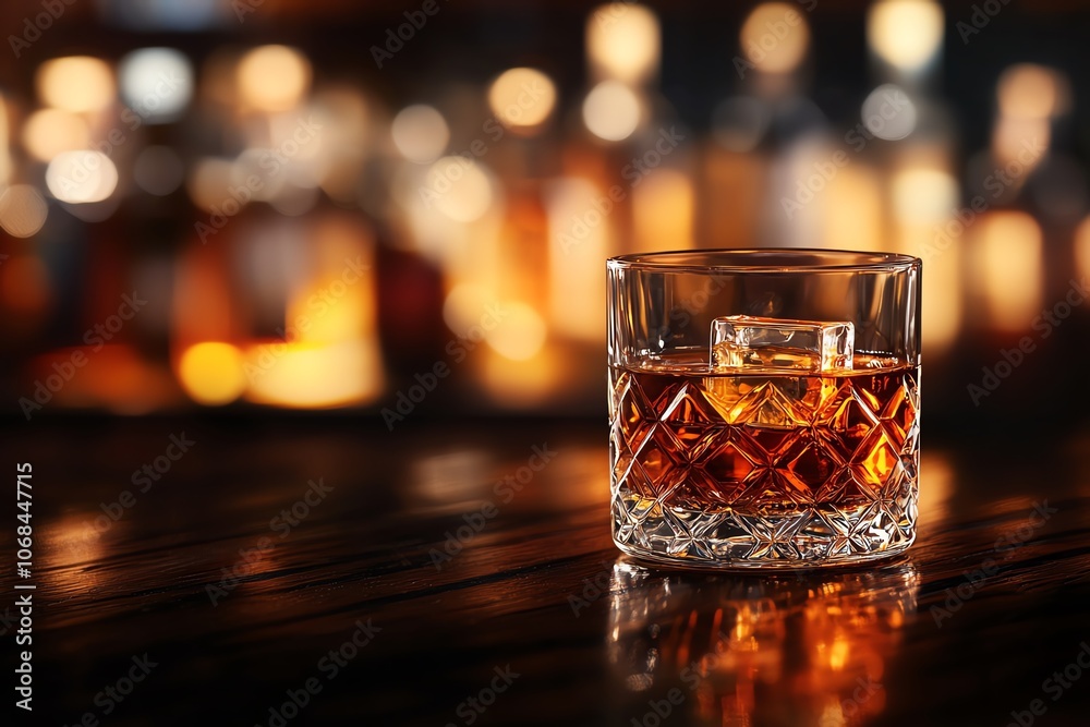 Classic glass of Japanese whisky on dark wood counter, rich amber tones, blurred bottles in background, elegant and refined scene