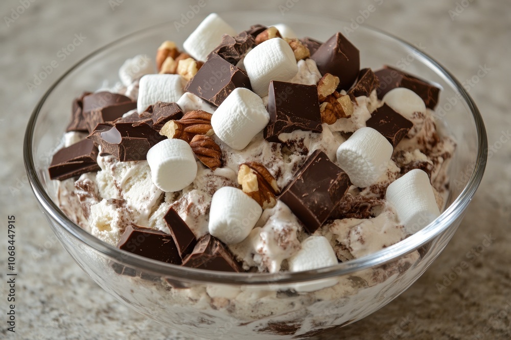 A bowl of rocky road ice cream with marshmallows, nuts, and chocolate chunks.