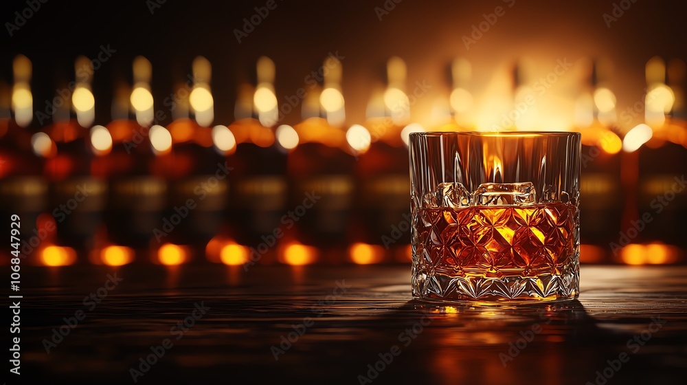 Closeup of amber Japanese whisky in crystal glass, dark wood counter, soft blurred bottles, warm light, refined drinking moment Closeup of amber Japanese whisky in crystal glass, dark wood counter, soft blurred bottles, warm light, refined drinking moment