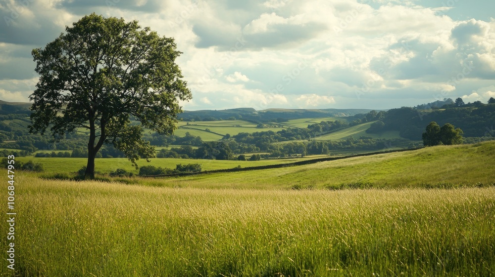 Fototapeta premium Lone tree in green grassy field with rolling hills under cloudy sky