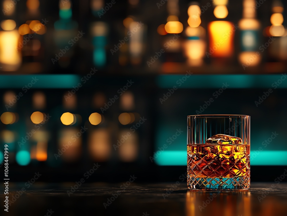 Closeup of amber Japanese whisky in glass, dark bar counter, blurred background of bottles, soft glow, highend luxury and warmth Closeup of amber Japanese whisky in glass, dark bar counter, blurred background of bottles, soft glow, highend luxury and warmth