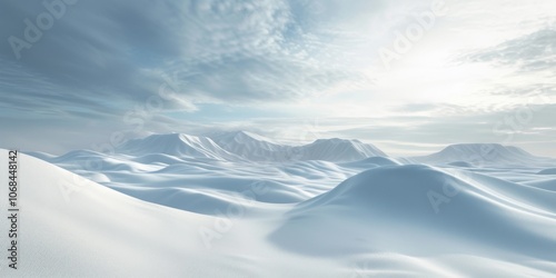 Serene icy landscape with rolling snow dunes, Minimalistic cool blue wintery panorama, Evokes both isolation and beauty in stark simplicity.