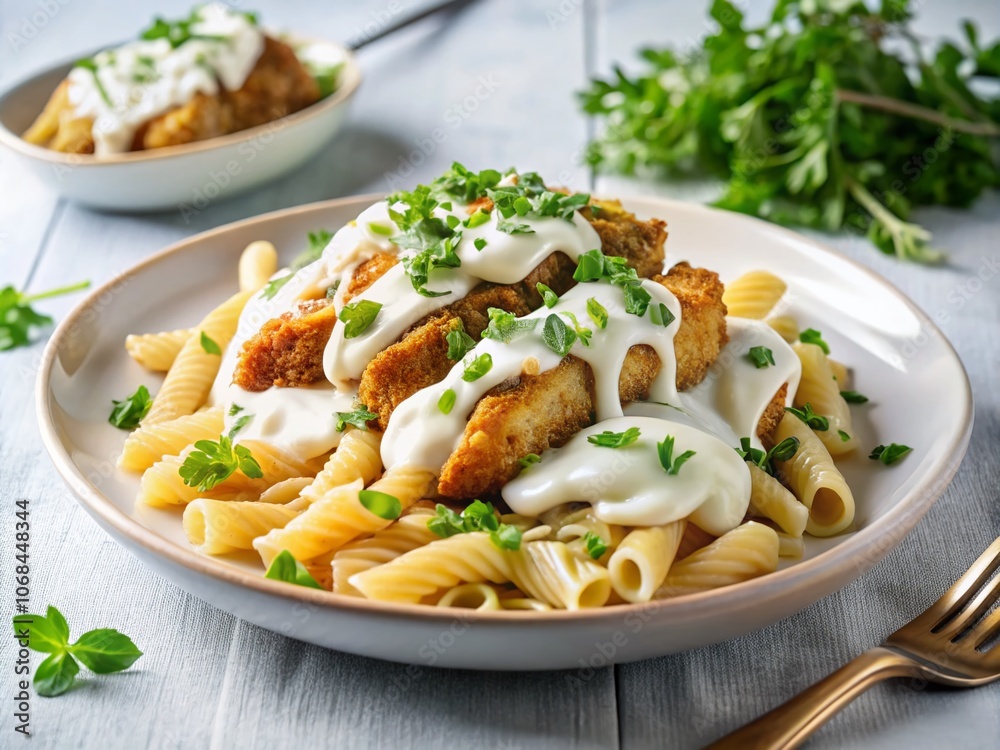 Delicious Crispy Chicken Pasta With Creamy Mayo Topping on Elegant White Plate - Perfect for Food Photography, Restaurant Menus, and Culinary Inspiration Delicious Crispy Chicken Pasta With Creamy Mayo Topping on Elegant White Plate - Perfect for Food Photography, Restaurant Menus, and Culinary Inspiration