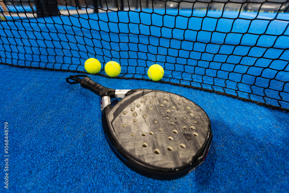 Fototapeta premium paddle tennis racket and balls on the blue paddle court