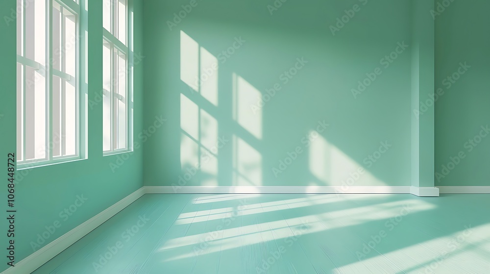 Fototapeta premium Interior of empty mint green room with wooden floor, window and natural light