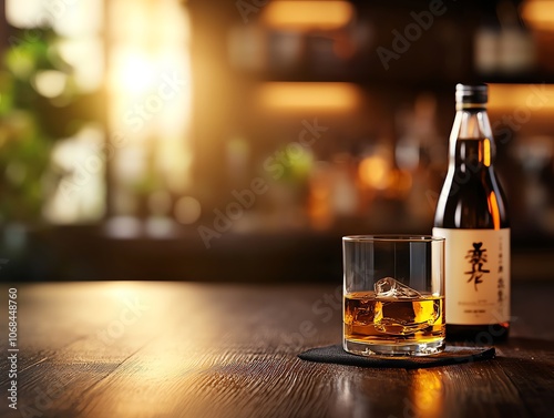 Closeup of Japanese whisky in glass on dark wooden bar, amber tones, blurred bottles, warm light, highend and intimate scene