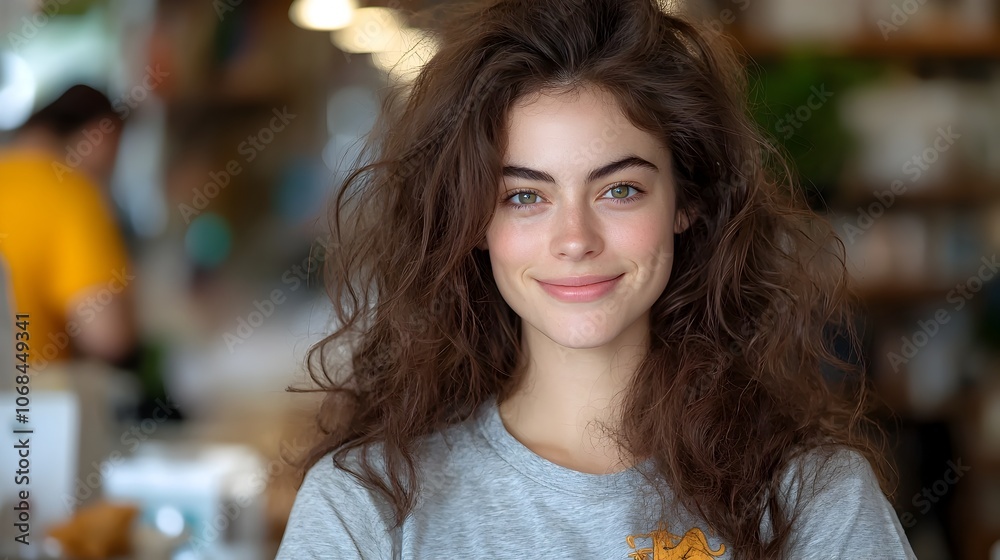 Smiling young female with curly brown hair shopping for eco friendly and sustainable products using a reusable tote bag at an organic grocery or fair trade market stall Smiling young female with curly brown hair shopping for eco friendly and sustainable products using a reusable tote bag at an organic grocery or fair trade market stall