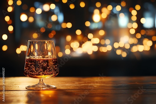 Closeup of Japanese whisky in classic snifter, polished wood bar, rich amber light, soft background blur, refined highend scene photo