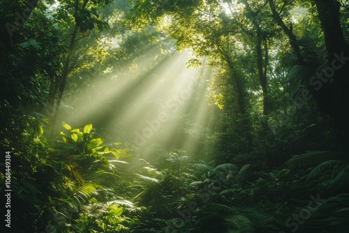 Enchanting Sunlight Filtering Through Verdant Canopy: A Serene Jungle Scene Capturing Nature's Splendor and Tranquility