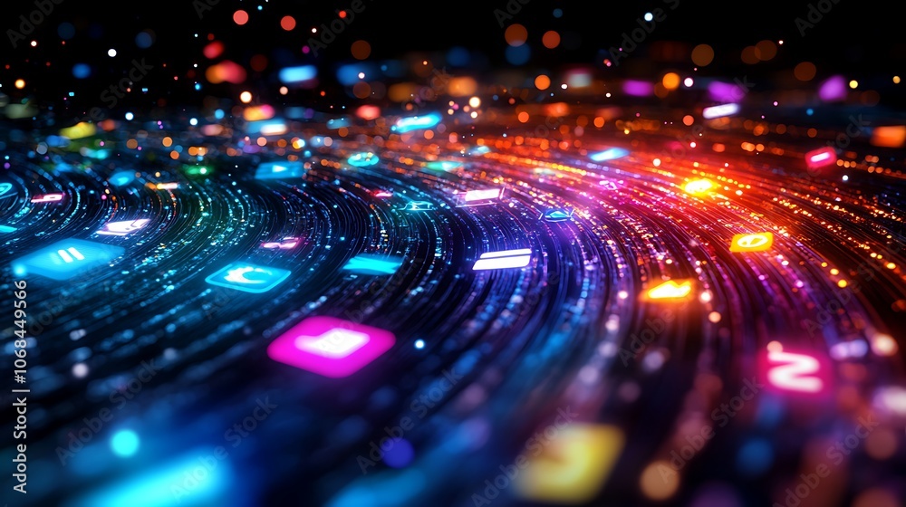 Explore vibrant digital icons flowing through technology Explore vibrant digital icons flowing through technology