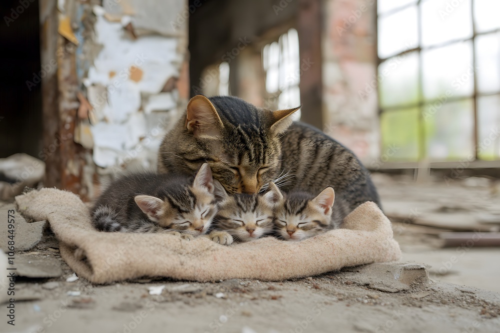 Obraz premium Mother Cat Nursing Her Kittens in Dusty Environment
