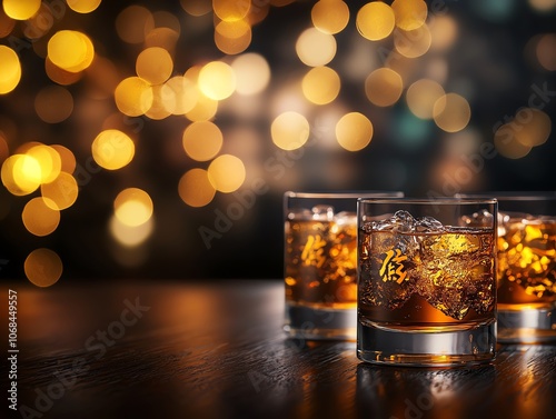 Closeup of Japanese whisky in glass on dark wooden bar, amber tones, blurred bottles, warm light, highend and intimate scene photo