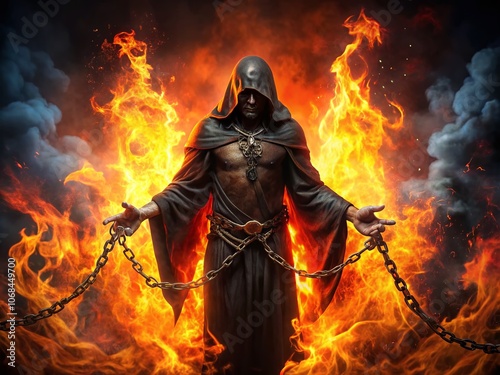 Demonic Figure Wielding Dark Power in Fiery Chains - Dark Fantasy Art, Supernatural Beings, Gothic Imagery, Malevolent Entities