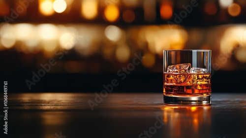 Closeup of Japanese whisky in vintage glass, polished dark bar, amber glow, blurred background, luxurious Japanese drinking culture