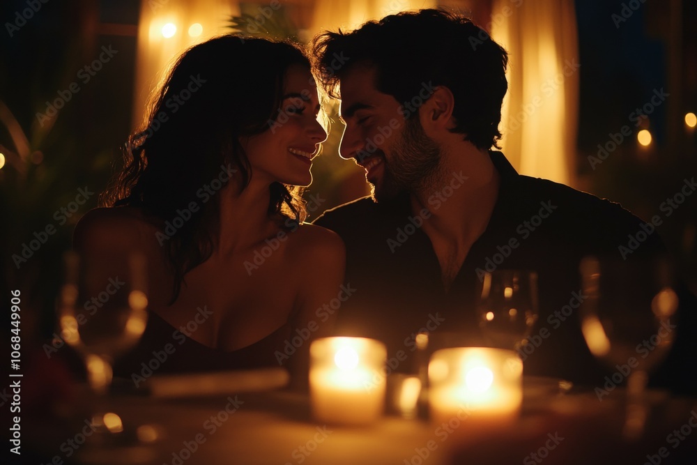 An Intimate Evening: A Romantic Candlelit Dinner Setting Captured in Soft Lighting, Highlighting the Connection Between Two People in a Joyful Moment. An Intimate Evening: A Romantic Candlelit Dinner Setting Captured in Soft Lighting, Highlighting the Connection Between Two People in a Joyful Moment.