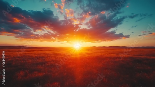 Nature showcases a stunning sunset over fields