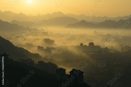 A view of a foggy landscape with mountains in the background