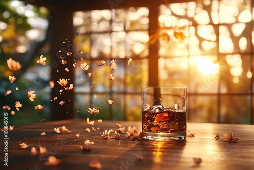 Closeup of Japanese whisky in classic snifter, polished wood bar, rich amber light, soft background blur, refined highend scene photo
