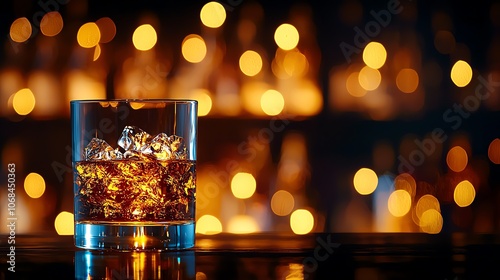 Closeup of rich amber whisky in glass, dark wood bar, blurred bottles in background, soft lighting, refined and highend drinking moment photo