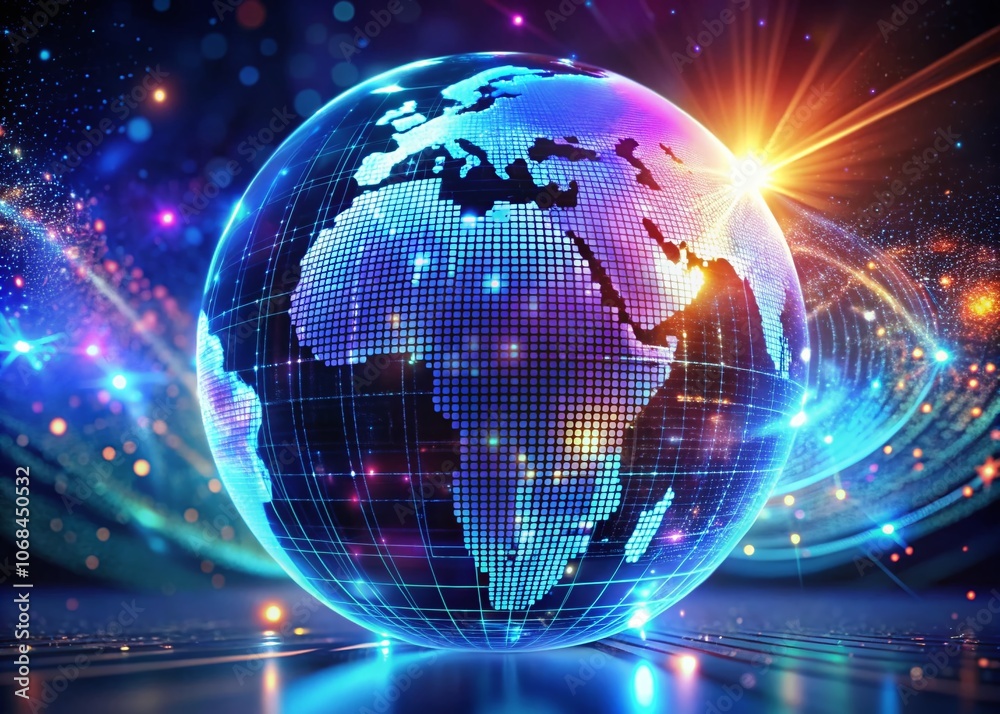 Digital Transformation: A World Map to 3D Globe with Illuminated Locations and Light Effects Digital Transformation: A World Map to 3D Globe with Illuminated Locations and Light Effects