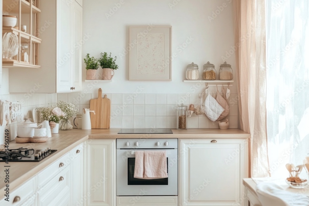 White Kitchen Interior with Stove, Oven, and Window White Kitchen Interior with Stove, Oven, and Window