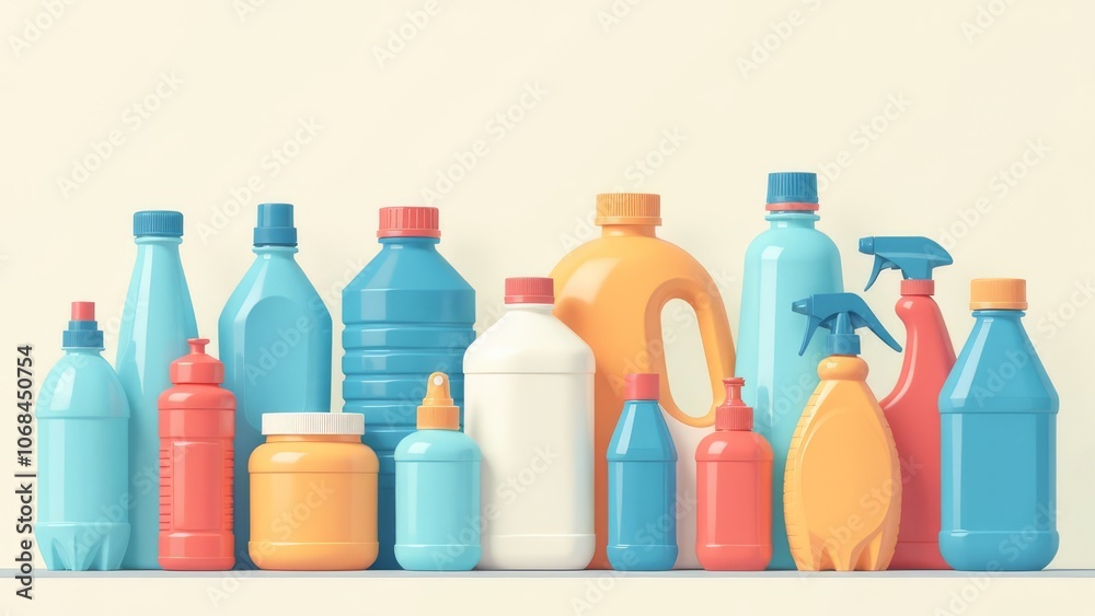 A row of colorful plastic bottles on a shelf A row of colorful plastic bottles on a shelf